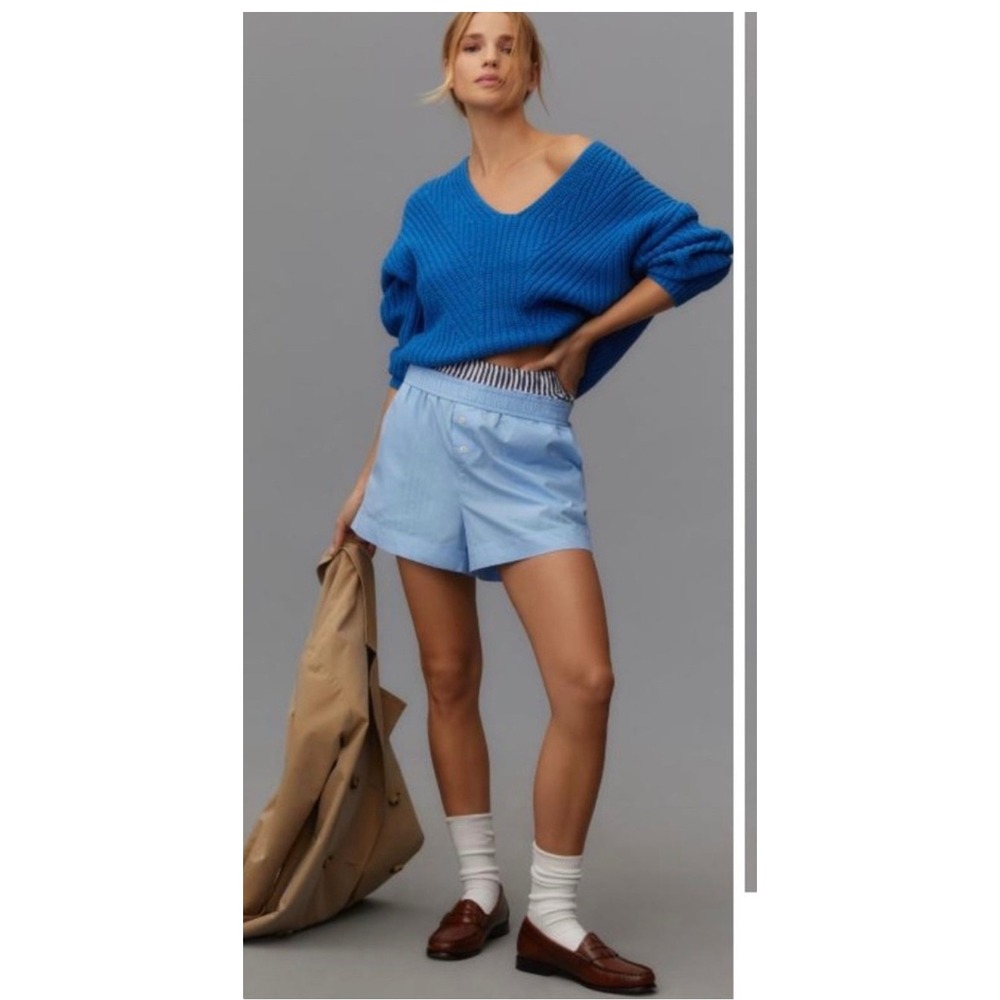 Maeve Anthropologie Cobalt Blue Chunky Ribbed V-Neck Cropped Sweater Size XXS